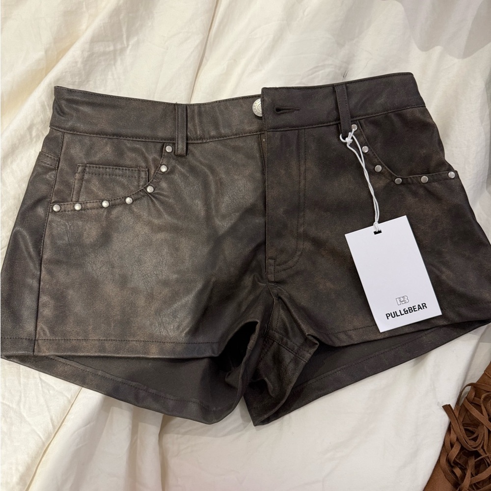 Pull&Bear Women's Dark Brown Faux Leather Shorts